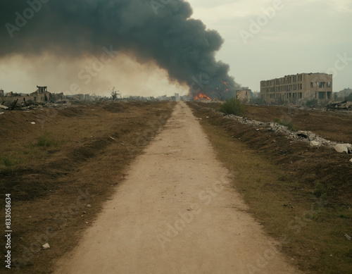 War-Torn Landscape with Smoke and Fire in the Distance