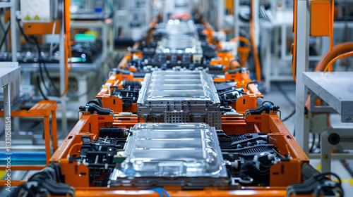 Close-up view of electric car batteries on a production line in a modern factory, showcasing advanced manufacturing technology and industrial automation.