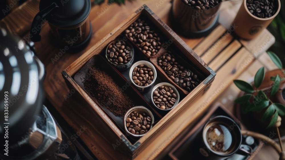 A coffee gift basket with various coffee beans and brewing tools for a loved one. A coffee gift basket with various coffee beans and brewing tools for a loved one.
