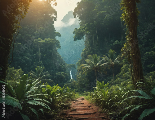 Pathway Through Lush Green Jungle with Waterfall in Background