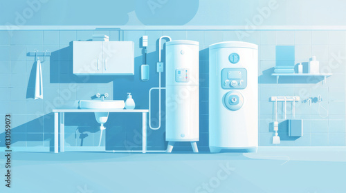 Illustration of modern water heaters and plumbing in a clean, organized utility room setting.