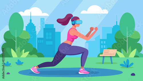 A woman doing squats and lunges with a VR headset as she follows along with a virtual trainer in a beautifully designed virtual park setting.. Vector illustration