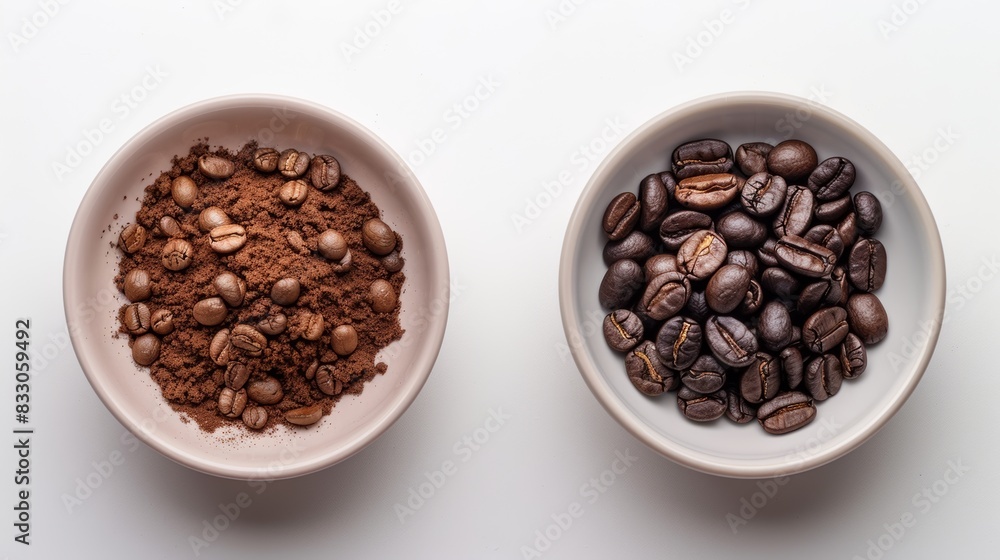Two Bowls of Coffee: One with Ground Coffee and Beans, the Other with Whole Roasted Beans Two Bowls of Coffee: One with Ground Coffee and Beans, the Other with Whole Roasted Beans