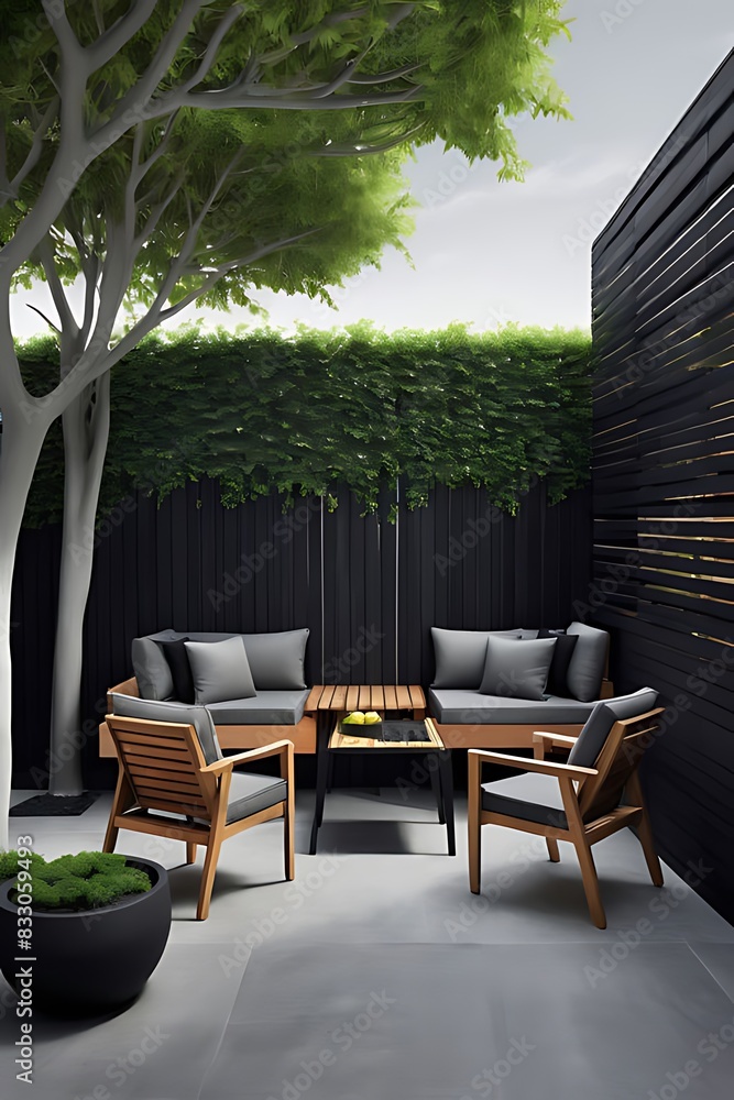 Patio with outdoor furniture and bbq kitchen deck. Picnic on the yard. Backyard with armchairs and greenery trees. Large terrace. Lounge complex outdoor. 3d rendering Patio with outdoor furniture and bbq kitchen deck. Picnic on the yard. Backyard with armchairs and greenery trees. Large terrace. Lounge complex outdoor. 3d rendering