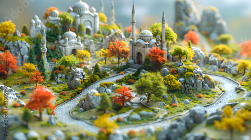 A vibrant nature plateau landscape with a winding path through the rock formations  the scene captured with a tilt-shift lens