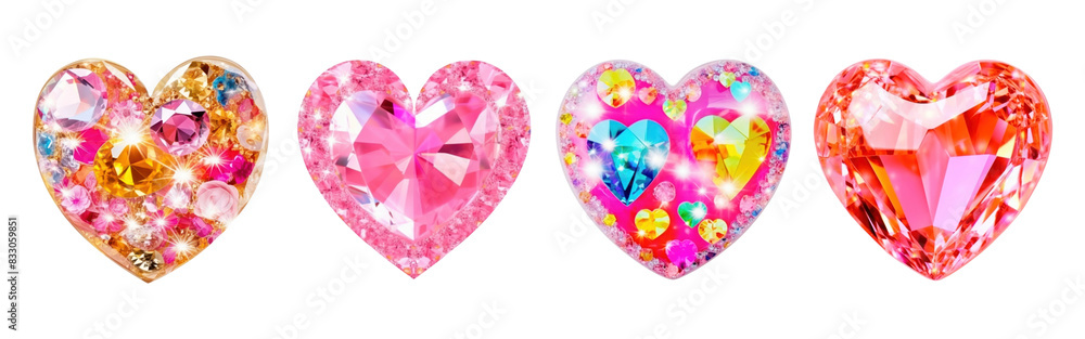Fototapeta premium Heart shape gems png element set on transparent background