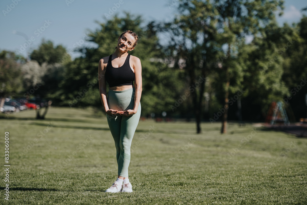 Young woman in active wear standing in park enjoying a sunny day. She is smiling and appears to be relaxed and happy. Young woman in active wear standing in park enjoying a sunny day. She is smiling and appears to be relaxed and happy.
