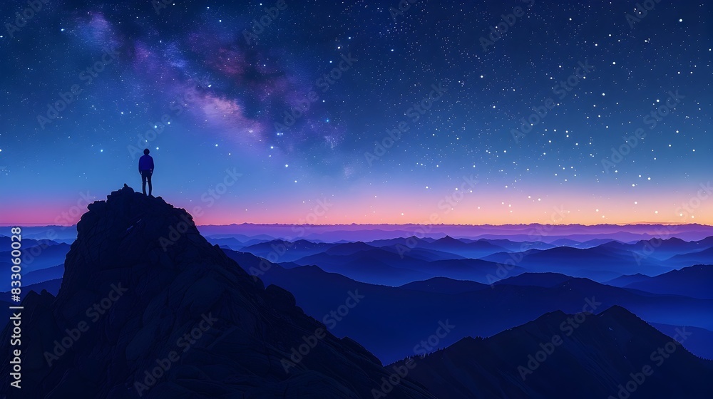 Silhouetted Hiker Summits Majestic Mountain at Twilight Amidst a Starry Night Sky