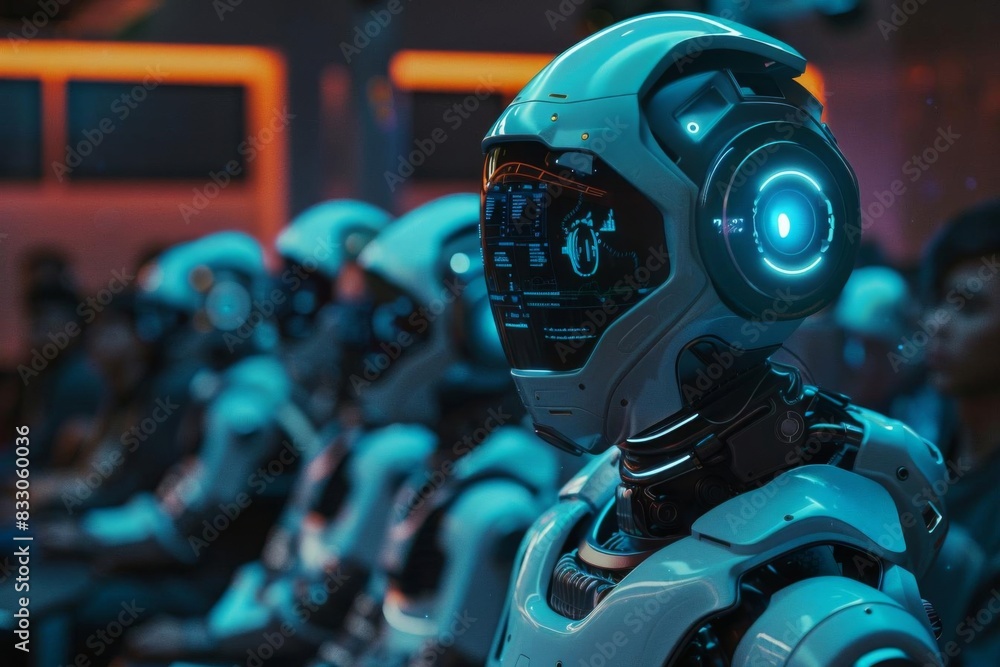 Futuristic robots in a conference setting, showcasing advanced AI technology. Modern electronics, innovation, and artificial intelligence. Futuristic robots in a conference setting, showcasing advanced AI technology. Modern electronics, innovation, and artificial intelligence.