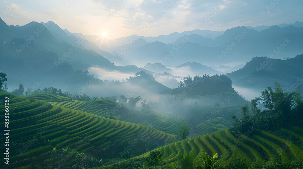 Mesmerizing Mountain Landscape with Terraced Tea Fields and Misty Sunrise Panorama