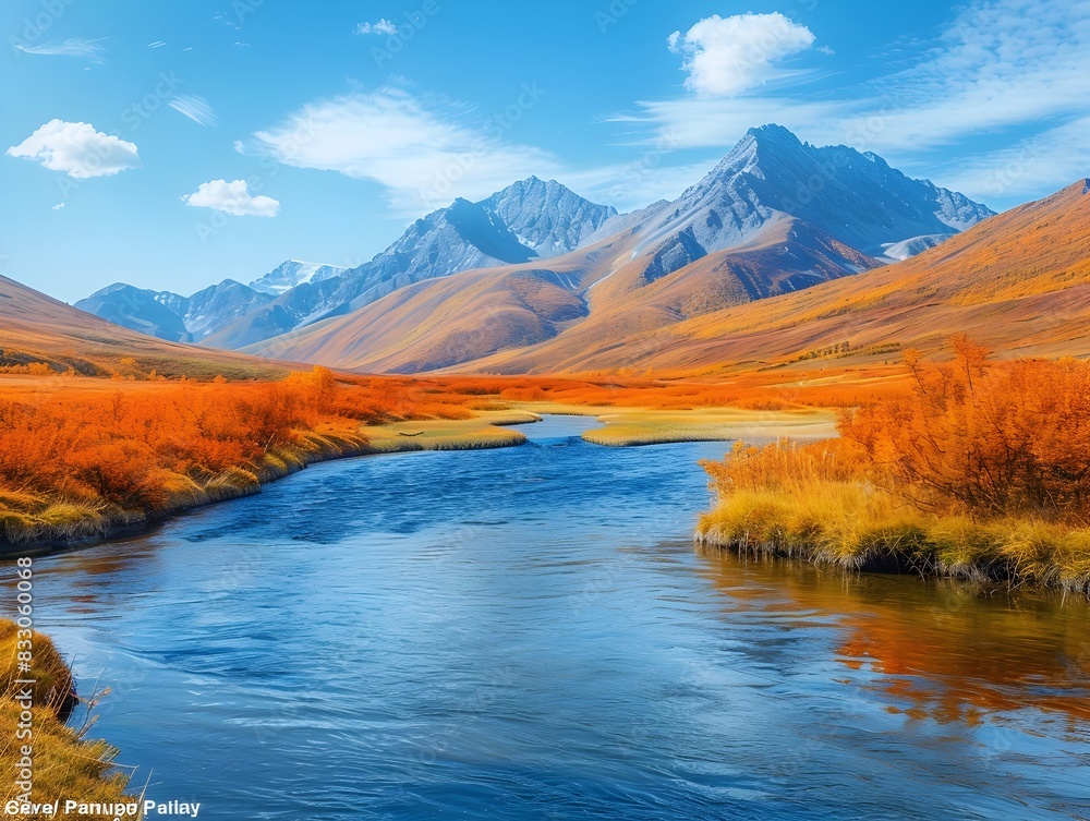 Naklejka premium Breathtaking Autumn Mountain Landscape with Winding River and Vibrant Foliage