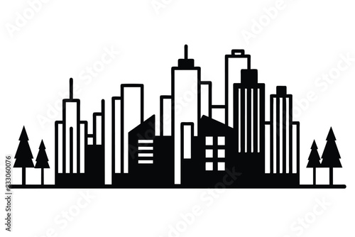 Abstract architecture city skyline with trees single line black vector on white background