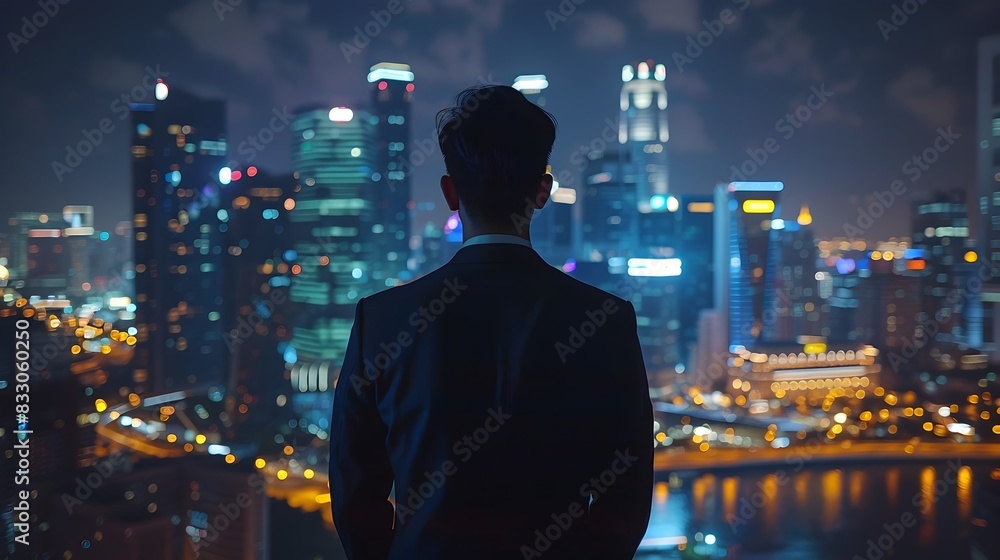 Confident Businessman Reviewing Successful Performance Metrics in High Rise Office Overlooking Illuminated City Skyline Confident Businessman Reviewing Successful Performance Metrics in High Rise Office Overlooking Illuminated City Skyline