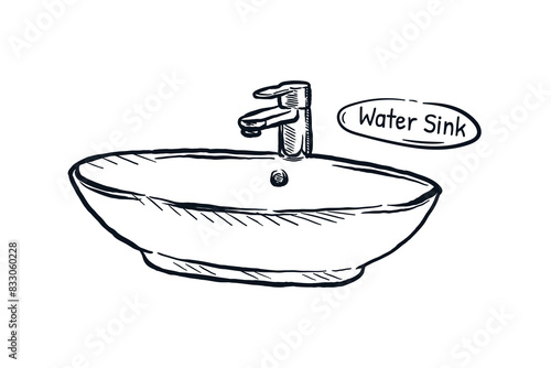 Water sink faucet hand drawn line sketch, vector illustration