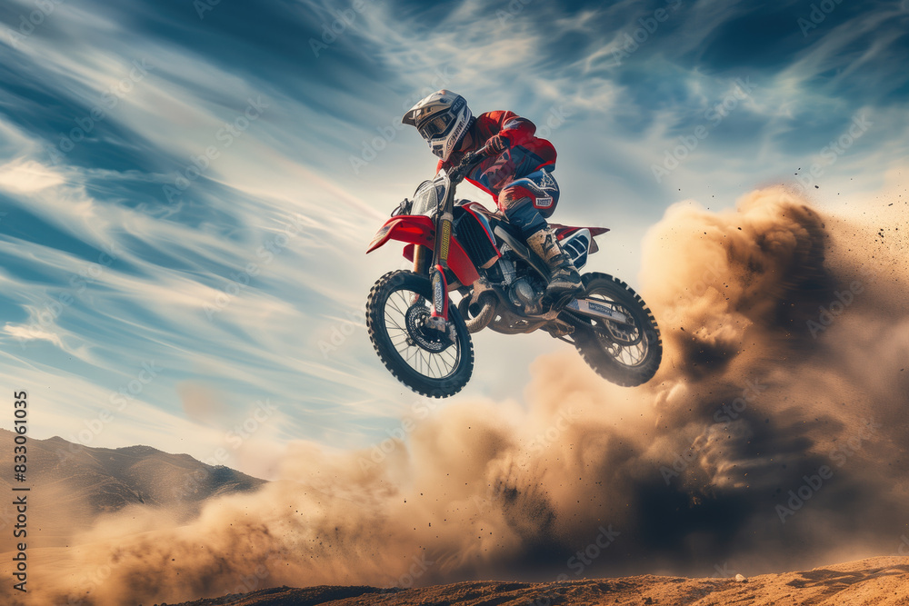 Motocross rider on a dirt track with dust trail behind Motocross rider on a dirt track with dust trail behind