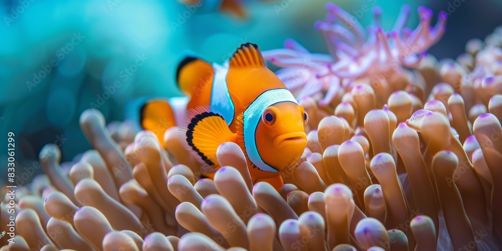 A clownfish and anemone in a beautiful underwater world. A clownfish and anemone in a beautiful underwater world.