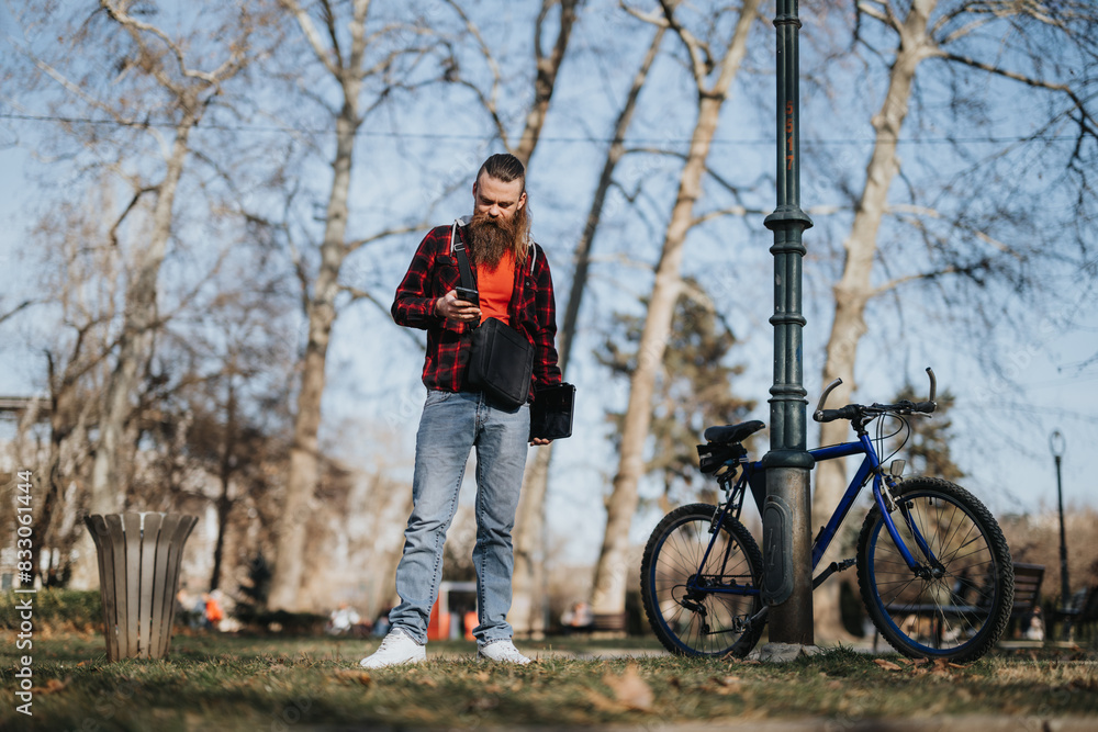 Hipster businessman with beard using smart phone next to his bicycle in a city park, exemplifying remote work flexibility.