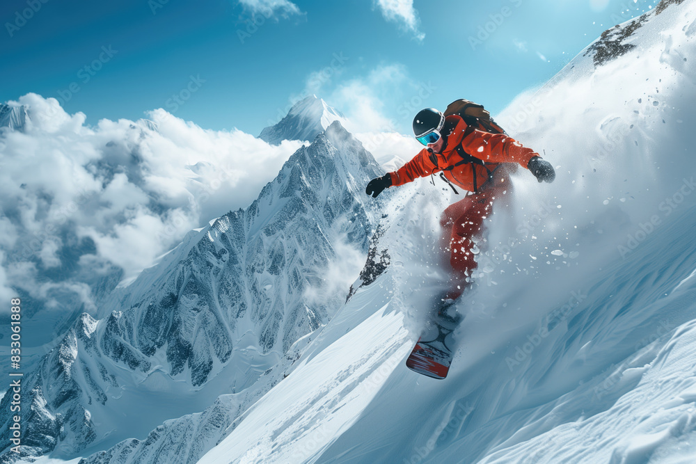 Snowboarder performing a high jump off a snow-covered mountain Snowboarder performing a high jump off a snow-covered mountain