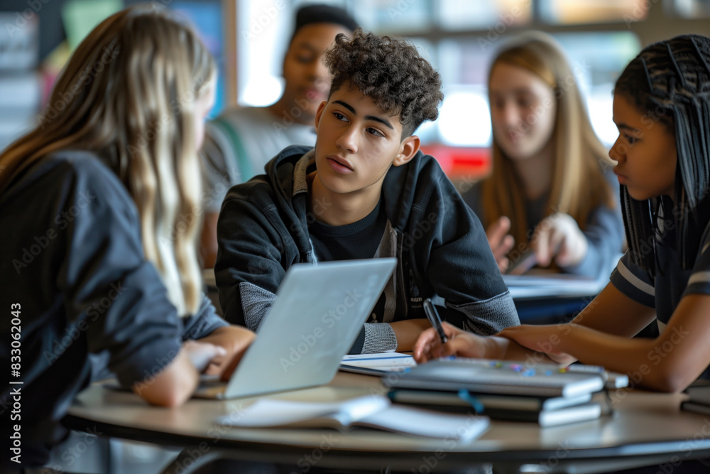 Group of students working together on a project at table in a classroom using laptops, textbooks and notebooks