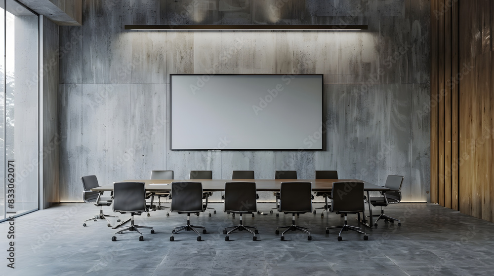 A sleek conference room featuring a large screen, ergonomic chairs, concrete walls, and large windows, designed for professional meetings. A sleek conference room featuring a large screen, ergonomic chairs, concrete walls, and large windows, designed for professional meetings.