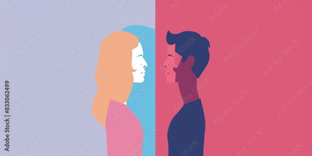 A man and a woman of different races stand facing each other with serious expressions on their faces. The background is divided in two colors, blue and pink. A man and a woman of different races stand facing each other with serious expressions on their faces. The background is divided in two colors, blue and pink.