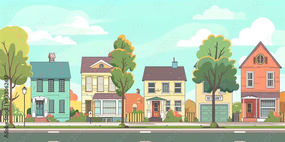 A row of colorful cartoon houses with trees and clouds in the background. A row of colorful cartoon houses with trees and clouds in the background.