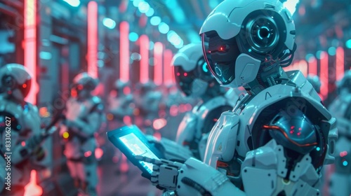 Futuristic robots working together in a high-tech environment, showcasing advanced technology and artificial intelligence in a vibrant setting.