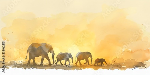 A watercolor painting of a family of African elephants walking in the savanna at sunset.