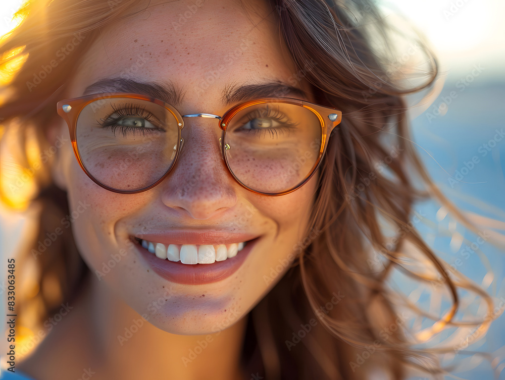 A woman with freckles and sunglasses smiling in front of a blue wall. A woman with freckles and sunglasses smiling in front of a blue wall.