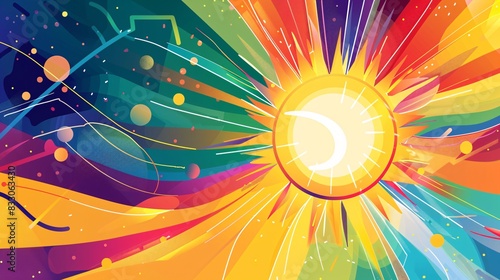 An energetic, colorful illustration of a sun with rainbow rays shining over a field of abstract shapes and lines, symbolizing hope and pride for LGBTQ+ marketing