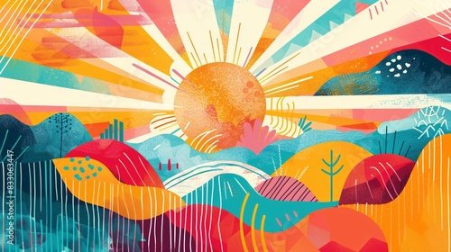 11. An energetic, colorful illustration of a sun with rainbow rays shining over a field of abstract shapes and lines, symbolizing hope and pride for LGBTQ+ marketing