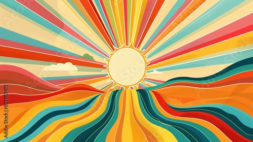 11. An energetic, colorful illustration of a sun with rainbow rays shining over a field of abstract shapes and lines, symbolizing hope and pride for LGBTQ+ marketing