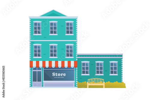 Vector element of store and  shop building, grocery building front view detailed flat design style for city illustration	