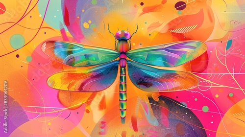A joyful, colorful illustration of a rainbow-colored dragonfly surrounded by abstract shapes and lines, symbolizing transformation and beauty for LGBTQ+ Pride Month