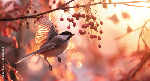 The chickadee is flying in the air, its wings spread wide as it ebony beak clings to amber berries hanging from a branch. photo