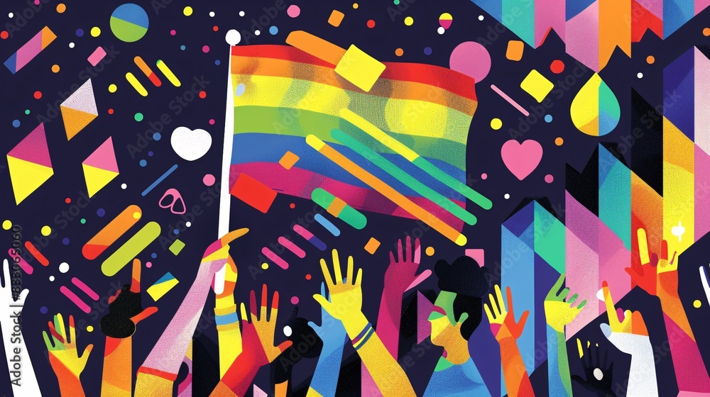 A dynamic, colorful illustration of a pride flag being held up by diverse hands, surrounded by abstract shapes and lines representing unity and support for LGBTQ+ Pride Month A dynamic, colorful illustration of a pride flag being held up by diverse hands, surrounded by abstract shapes and lines representing unity and support for LGBTQ+ Pride Month