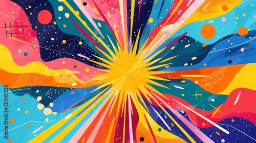 5. An energetic, whimsical illustration of a starburst of rainbow colors radiating from the center, surrounded by abstract shapes and lines for a vibrant Pride Month campaign