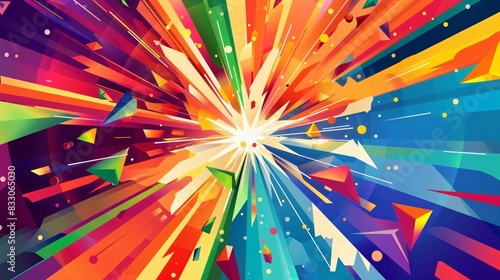 5. An energetic, whimsical illustration of a starburst of rainbow colors radiating from the center, surrounded by abstract shapes and lines for a vibrant Pride Month campaign