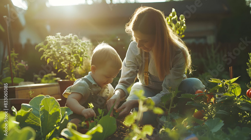 A beautiful moment of a mother and her child planting vegetables together in a sunlit garden, surrounded by lush greenery, capturing the essence of family bonding and nature.