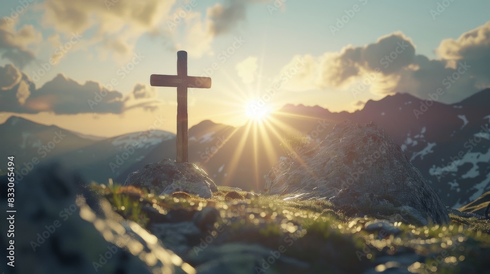 Obraz premium a cross on a mountain top with sun flare backlighting it.