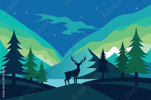 Beautiful Aurora Borealis Sky Light Pine Deer Mountain Polar Landscape vector Illustration