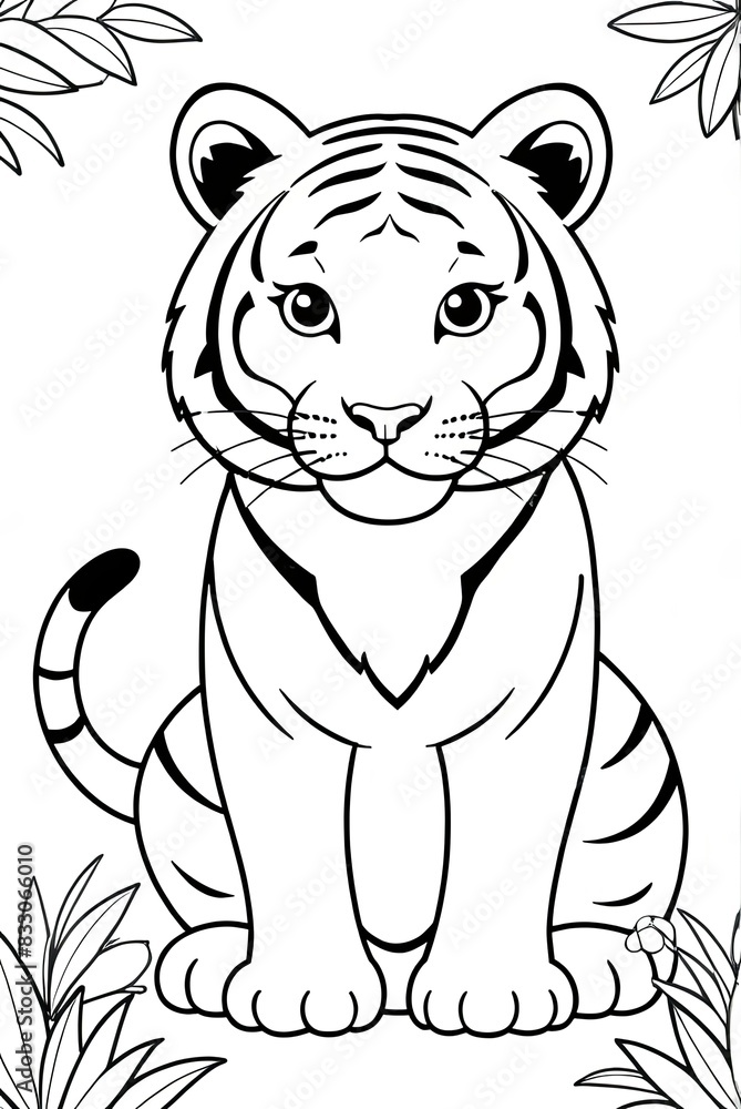 Fototapeta premium kids Coloring page art of tiger, black and white line art