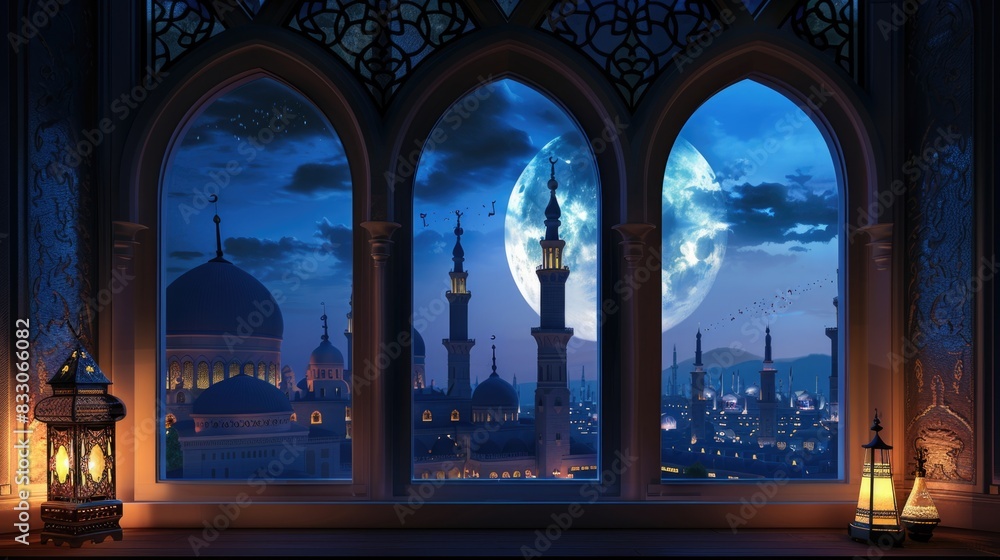 © Achmad Khoeron - A windows depicts an islamic mosque at night with moon and lentern. In style of islamic city. Arched doorways. Eid al fitr background of window. Ramadan kareem eid mubarak islamic lantern on a table