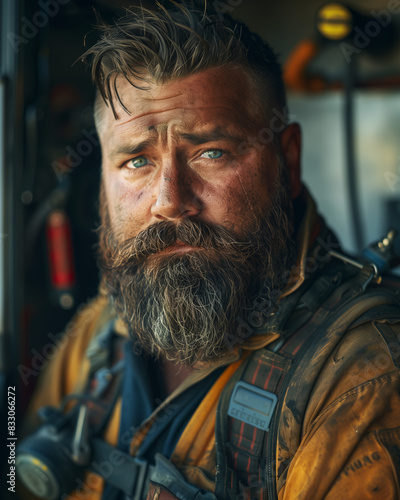 Portrait of a Brave Firefighter with Determined Expression and Rugged Look in Full Gear © augieloinne