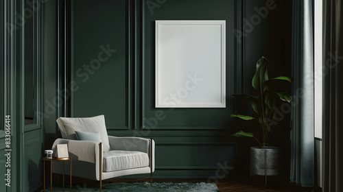 Wallpaper Mural A minimalist green living room featuring a comfortable armchair, blank framed artwork, side table, and potted plant, creating a serene and stylish ambiance. mockup Torontodigital.ca
