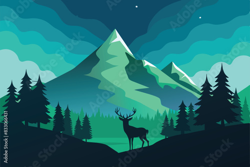 Beautiful Aurora Borealis Sky Light Pine Deer Mountain Polar Landscape vector Illustration
