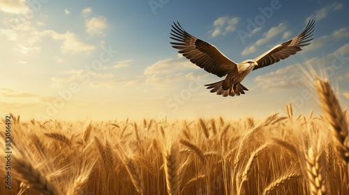 a young Spanish imperial eagle, also known as the Iberian imperial eagle or Adalbert's eagle, takes flight over a herd of sheep grazing in a field of golden grass. photo