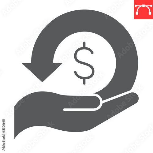Cashback tax glyph icon, tax and hand dollar, refund vector icon, vector graphics, editable stroke solid sign, eps 10.