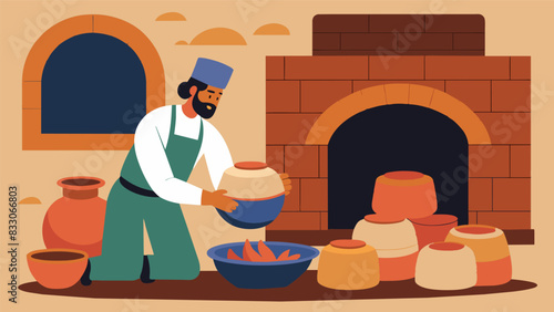 A potter carefully stacking pots and plates in a traditional woodfired kiln preparing for the firing process.. Vector illustration