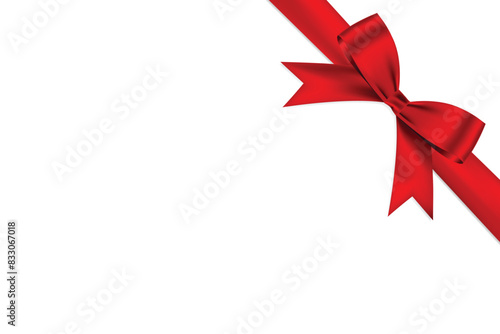 Red bow realistic shiny satin and ribbon with shadow place on corner of paper  ,for decorate your greeting card, website or gift card, vector EPS10 isolated on white background.